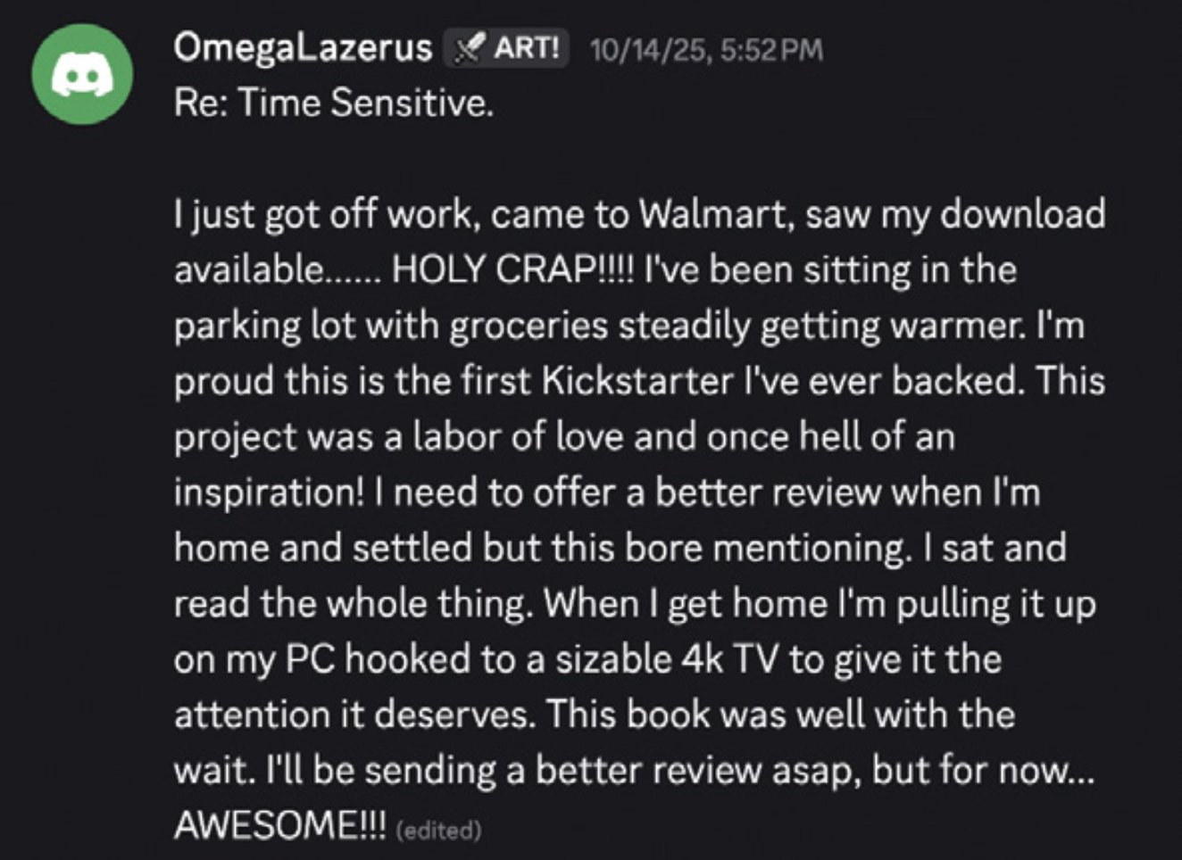 Reader comment about Time Sensitive #1